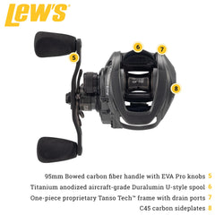 Close-up view of 7.5:1 gear ratio on Lew's Custom Lite SLP baitcast reel