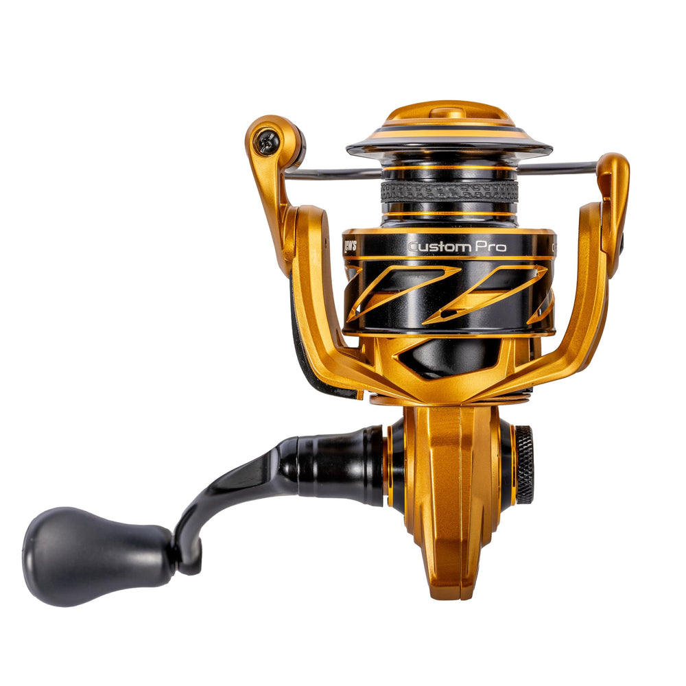 Lew's Custom Pro 300 spinning reel line capacity clearly shown for mono and braid