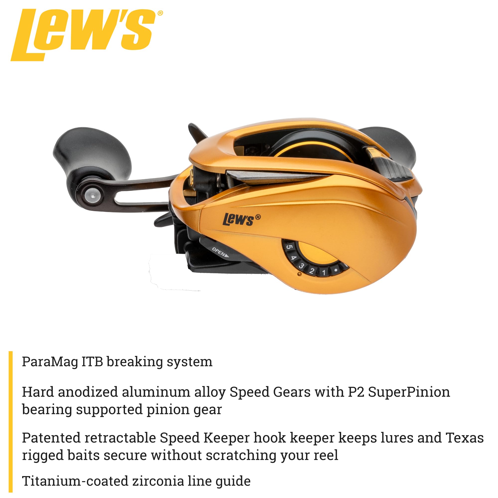 Lew's Custom Pro baitcast reel handle and knob emphasize ergonomic design for comfort.