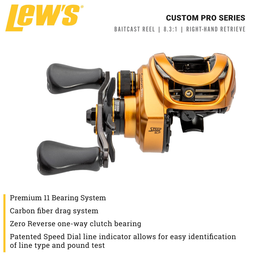 Lew's Custom Pro baitcast reel side profile highlights precise gearing and smooth operation.
