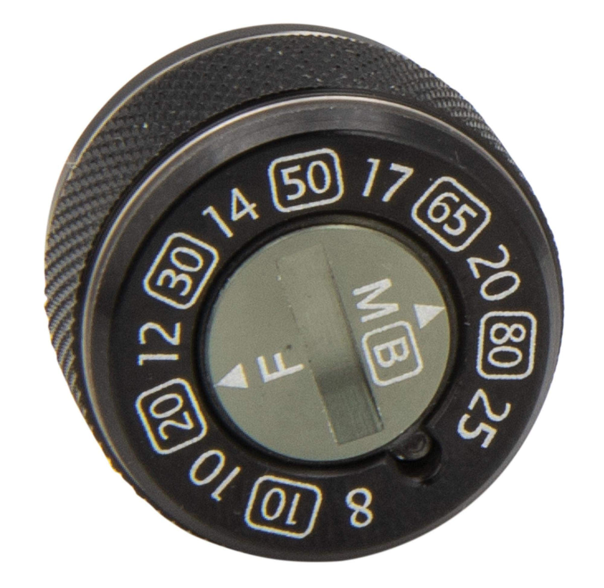 Close-up of Lew's Custom Speed Dial CSSDBGS inner dial with M, F, and B markings