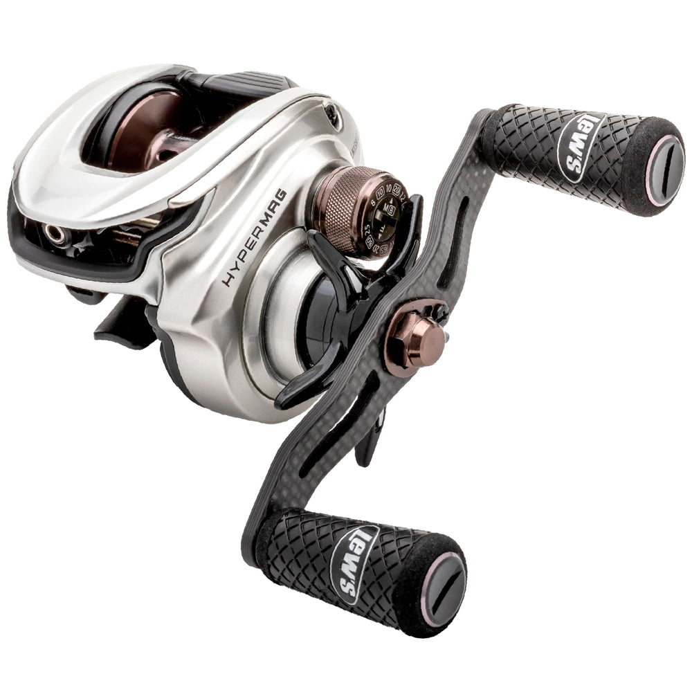 Lew's HyperMag reel front view shows lightweight magnesium frame for durability.