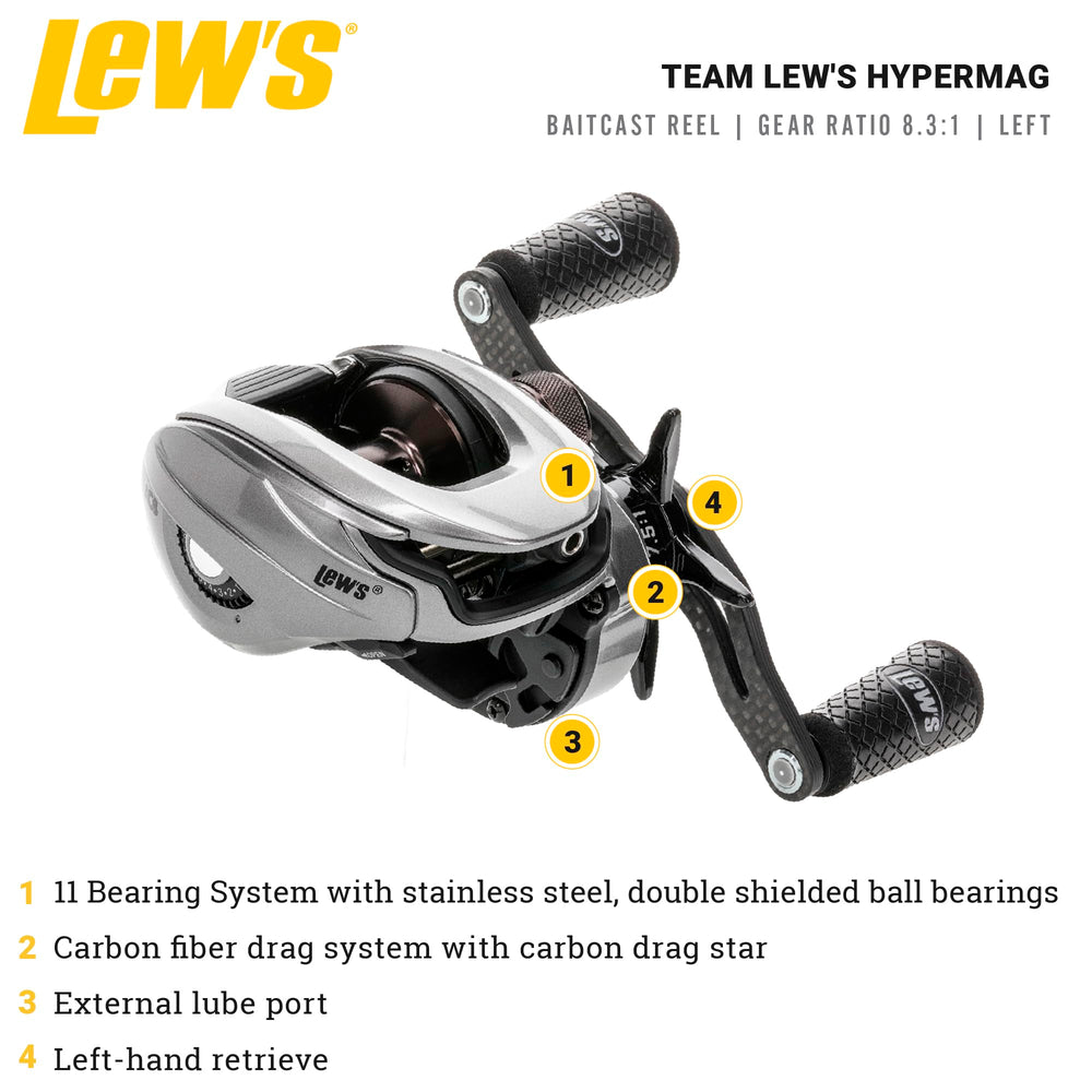 Lew's HyperMag reel side view highlights balanced form for smooth casting.