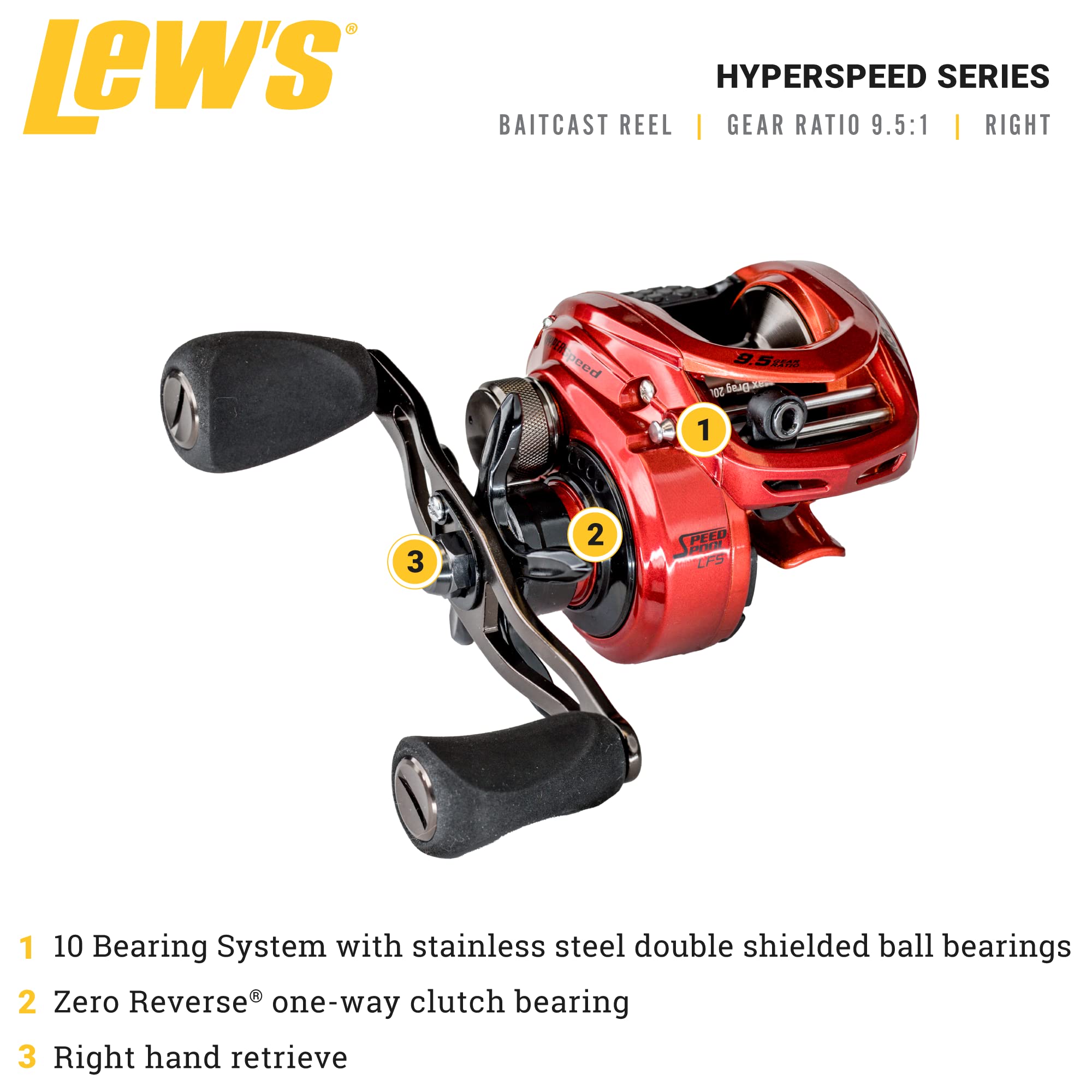 Lew's HyperSpeed side view highlights 9+1 bearing system for smooth operation.