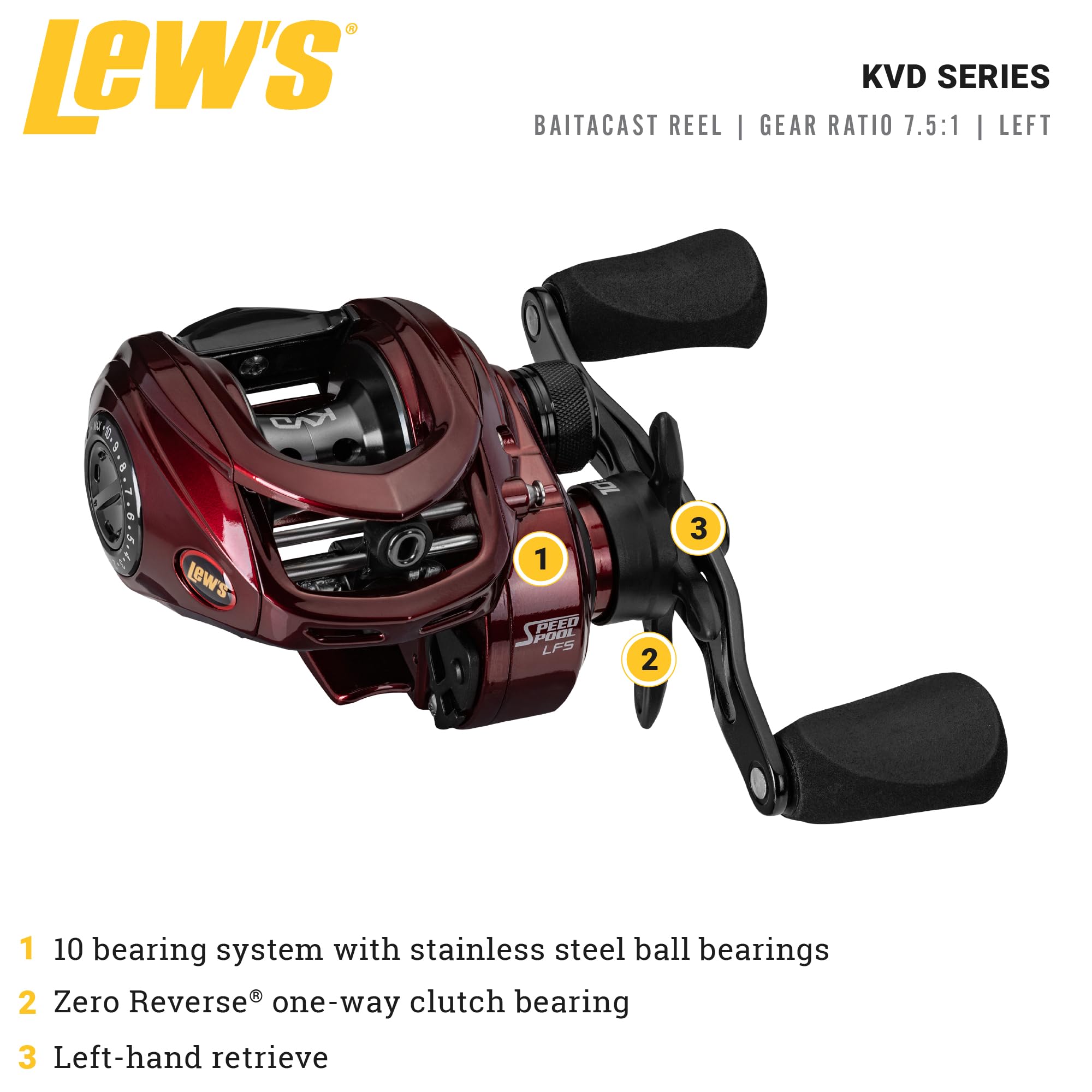 Left-hand Lew's KVD Baitcast Reel side profile