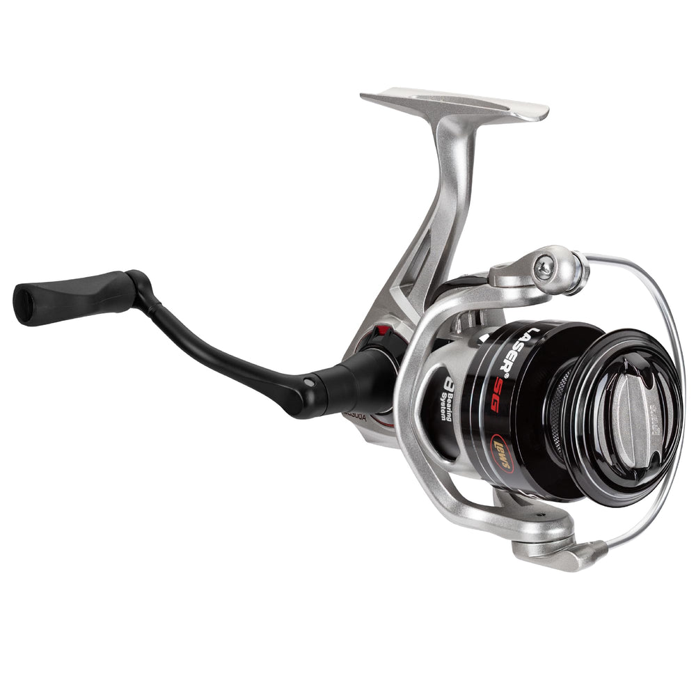 Lew's Laser SG Speed Spin reel front view in silver improves balance during all-day freshwater fishing.