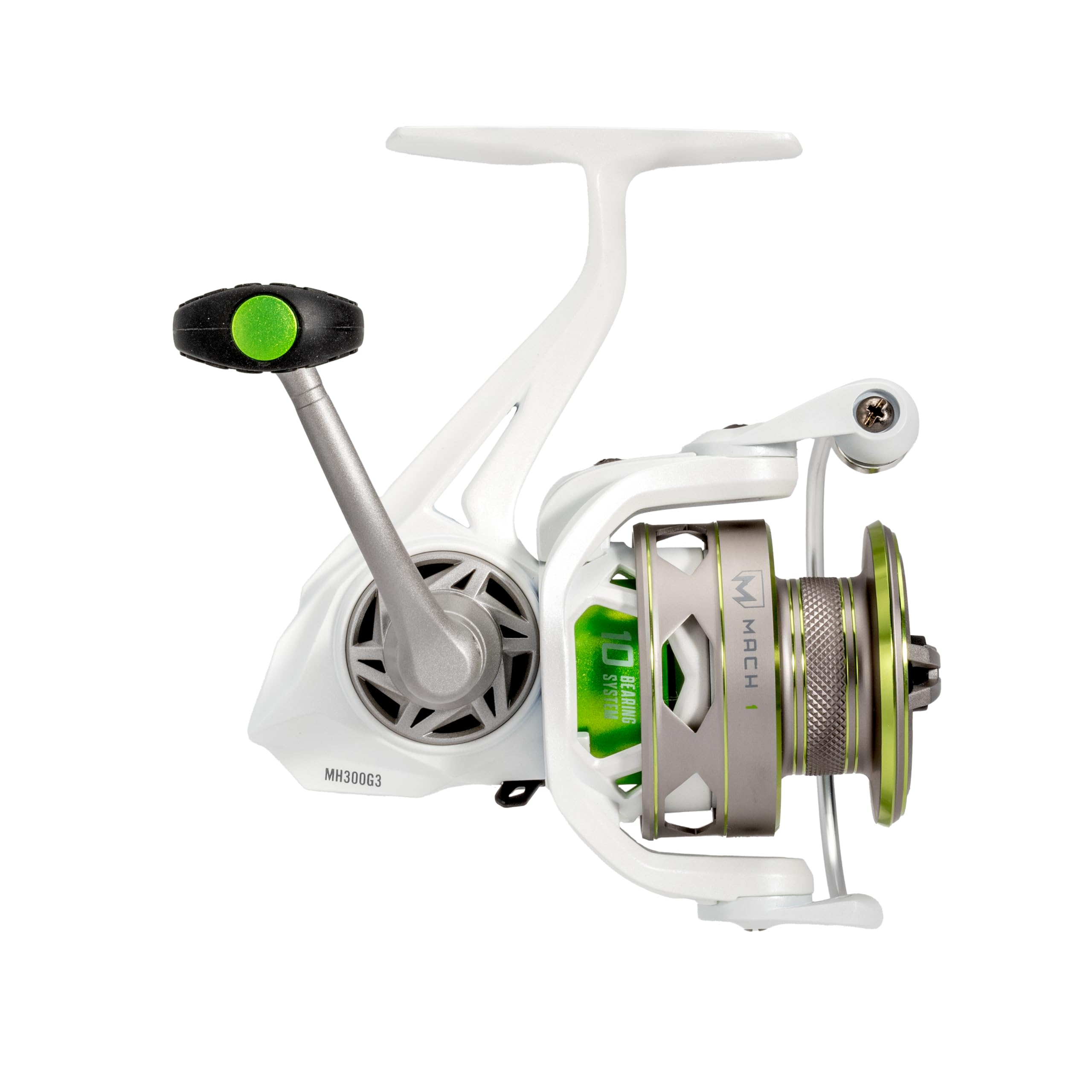 Lew's MACH 1 300 spinning reel rear view emphasizes durable construction for all-day fishing.