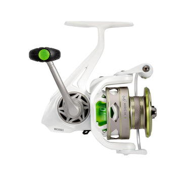 Lew's MACH 1 300 spinning reel rear view emphasizes durable construction for all-day fishing.