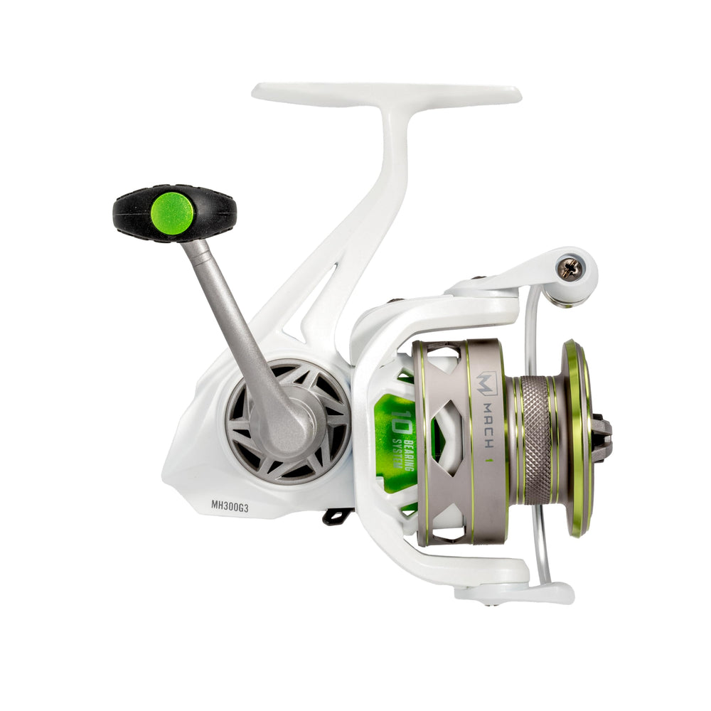 Lew's MACH 1 300 spinning reel rear view emphasizes durable construction for all-day fishing.