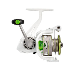 Lew's MACH 1 300 spinning reel rear view emphasizes durable construction for all-day fishing.