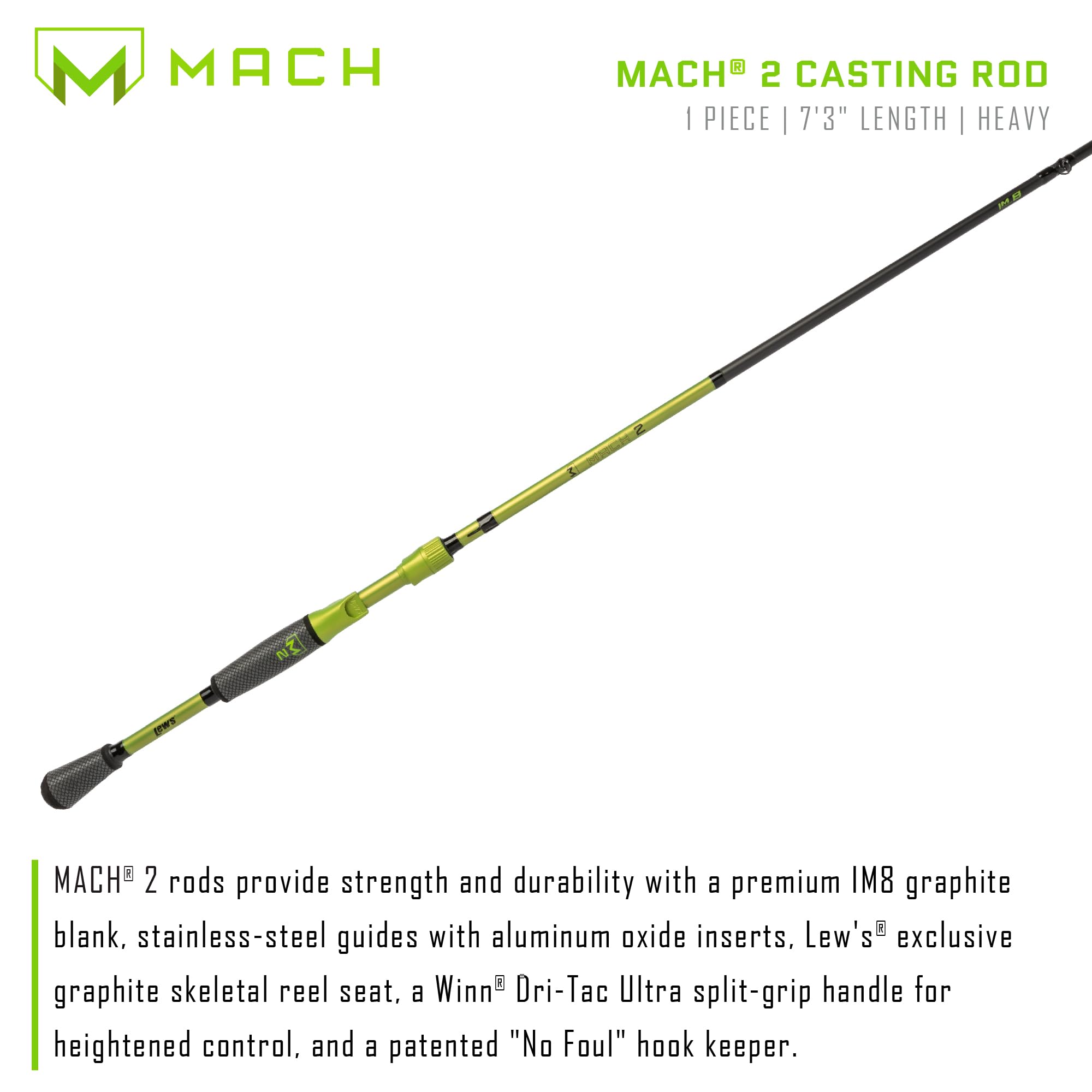 Lew's MACH 2 7'3" Hvy Fast Cast Rod blank closeup showing premium IM8 graphite.