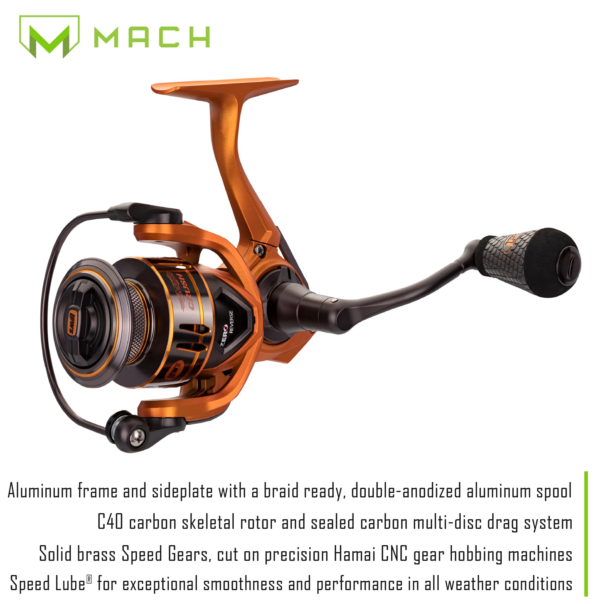 Lew's Mach Crush 30 Spin reel size 300 enables smooth cranking during long casts.