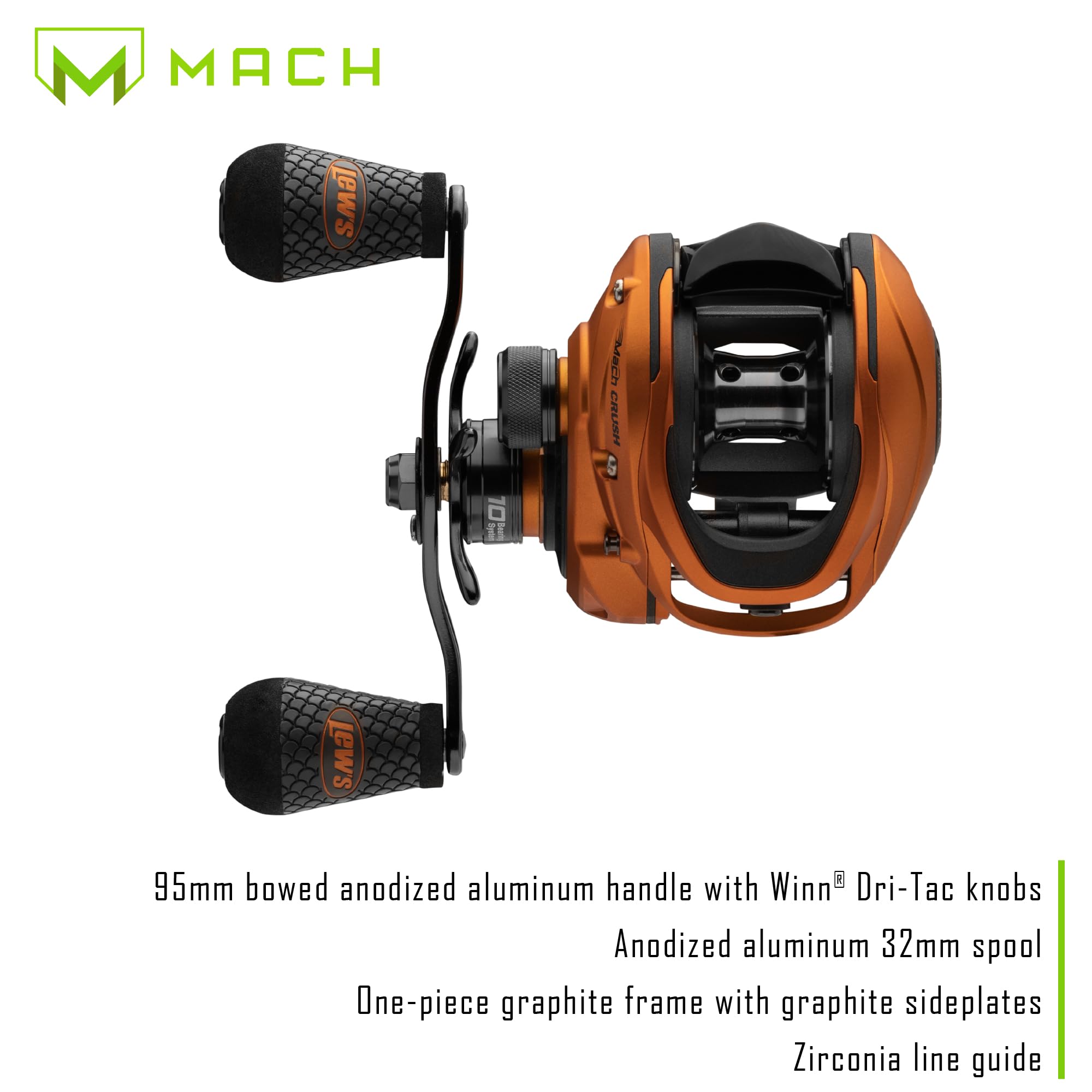 Lew's Mach Crush gears close-up reveals brass precision for smooth retrieves.