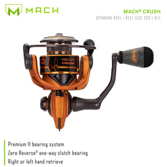 Lew's MACH Crush Spin Reel shows 11-bearing system for ultra-smooth retrieves.