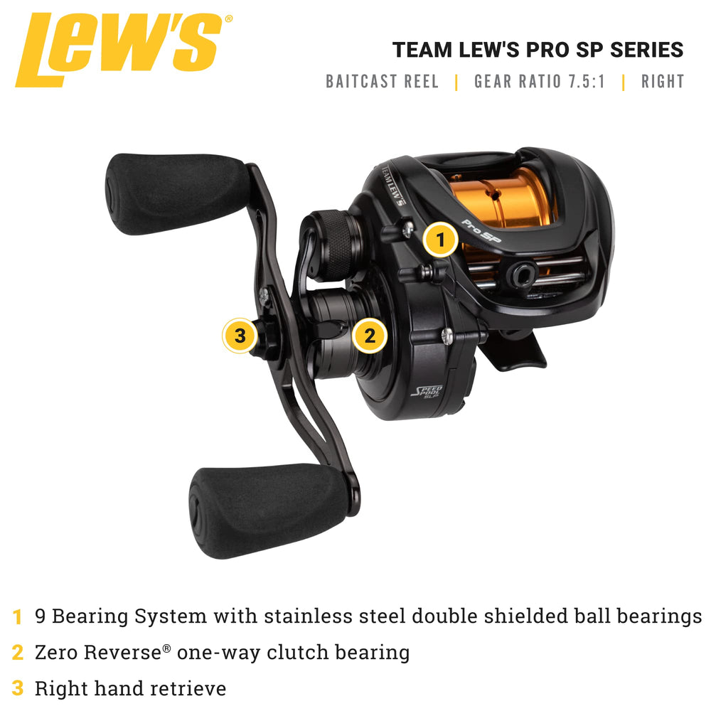 Close-up of Lew's Pro SP Baitcast Reel 7.5:1 gear ratio