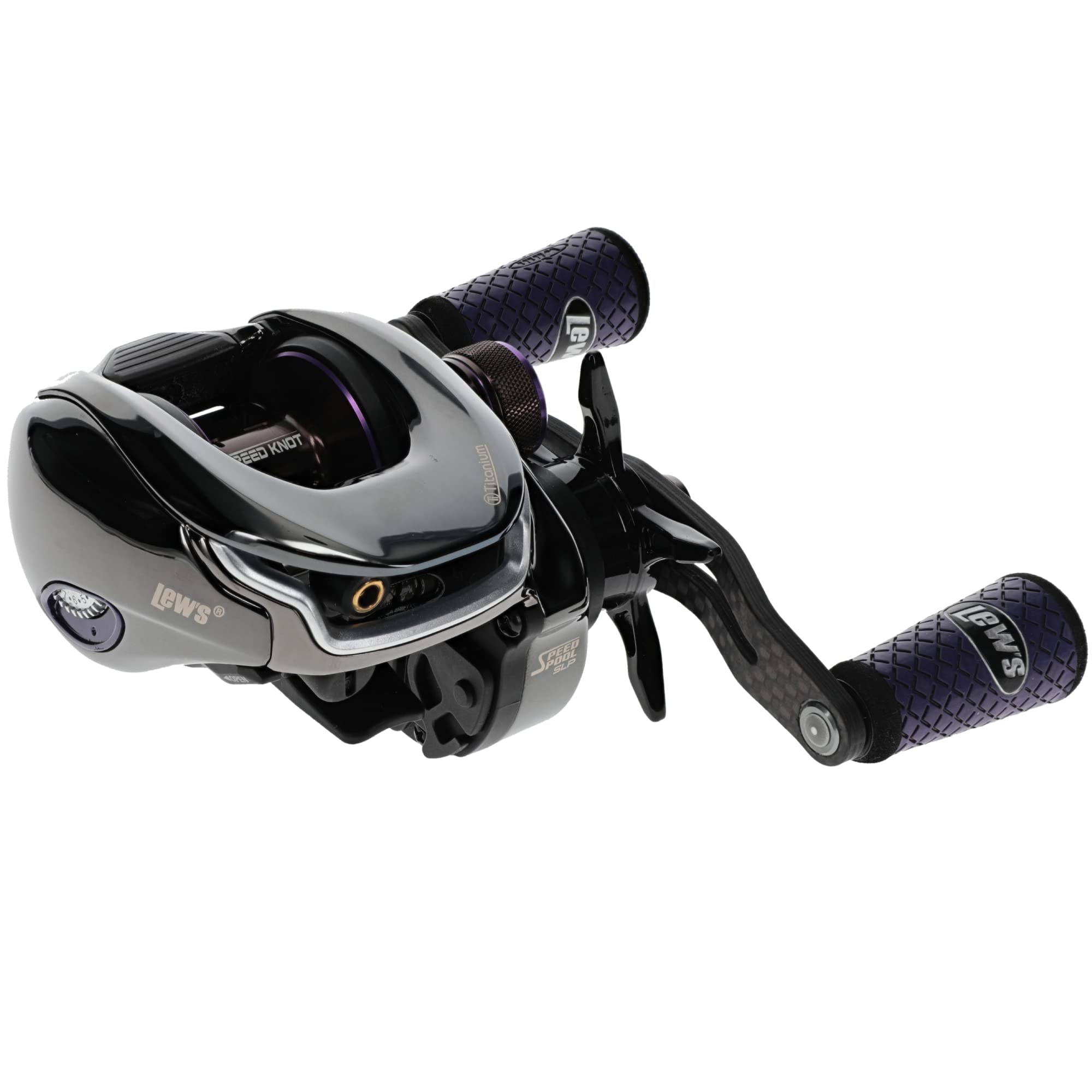Lew's Pro Ti Baitcast Reel Gen 2 – left-hand retrieve, titanium gray and purple finish
