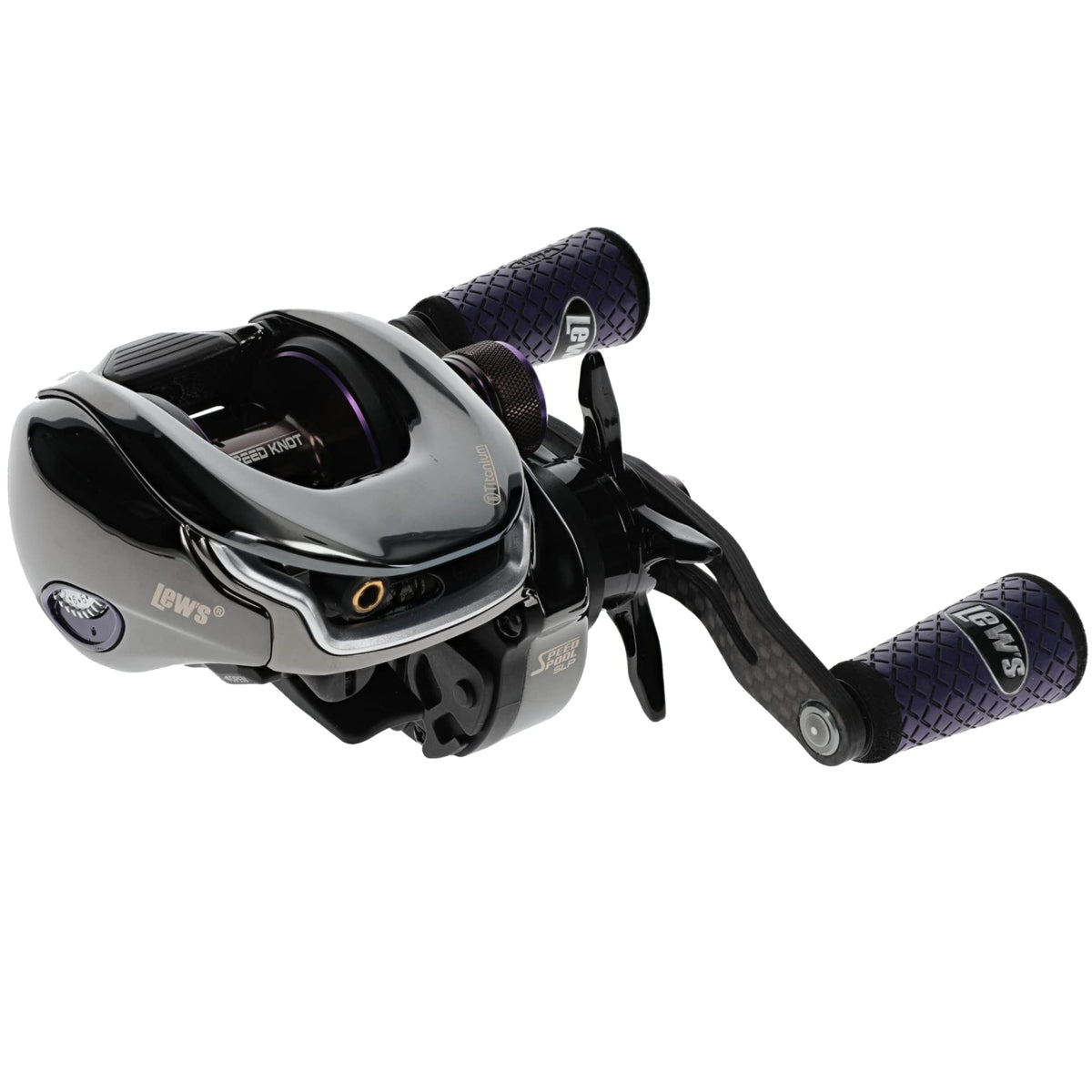 Lew's Pro Ti Baitcast Reel Gen 2 – left-hand retrieve, titanium gray and purple finish