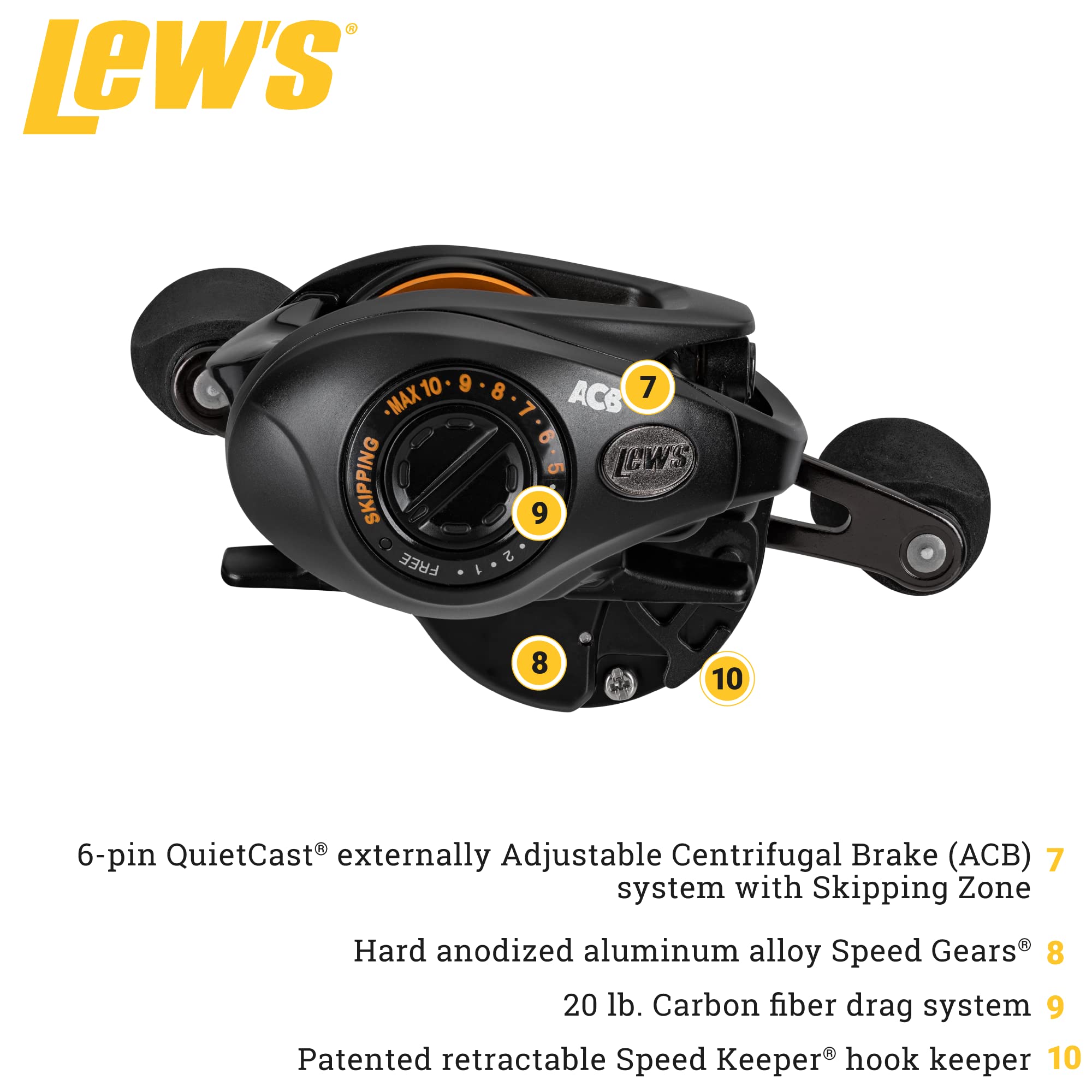 Lew's 9-bearing system and P2 SuperPinion deliver exceptionally smooth reeling action.