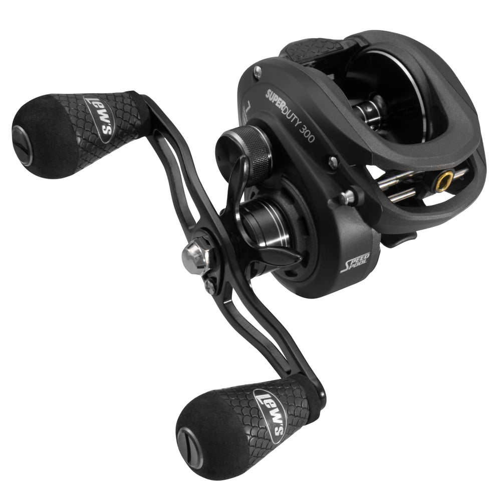 Lew's SuperDuty 300 reel front view shows rugged aluminum frame for heavy-duty fishing.