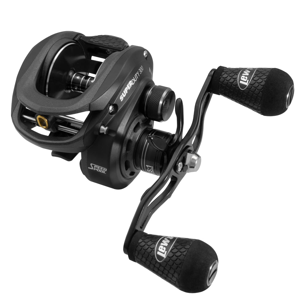 Lew's SuperDuty 300 reel with frame and spool demonstrates rugged durability for big-bait fishing.