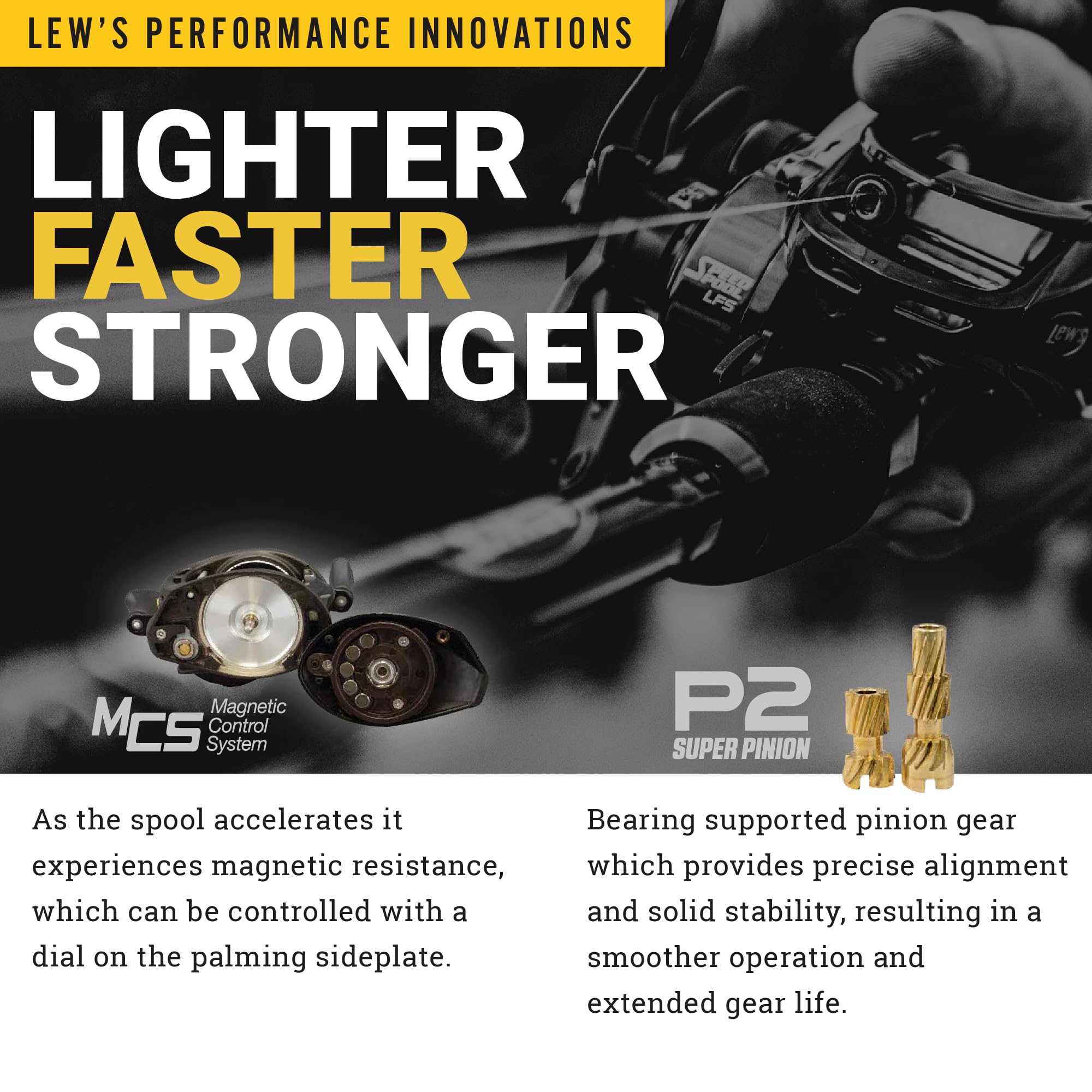 Lew's SuperDuty LFS graphite palm sideplate improves grip during long casts