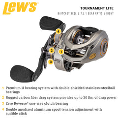 Side view of Lew's Tournament Lite LFS baitcast reel