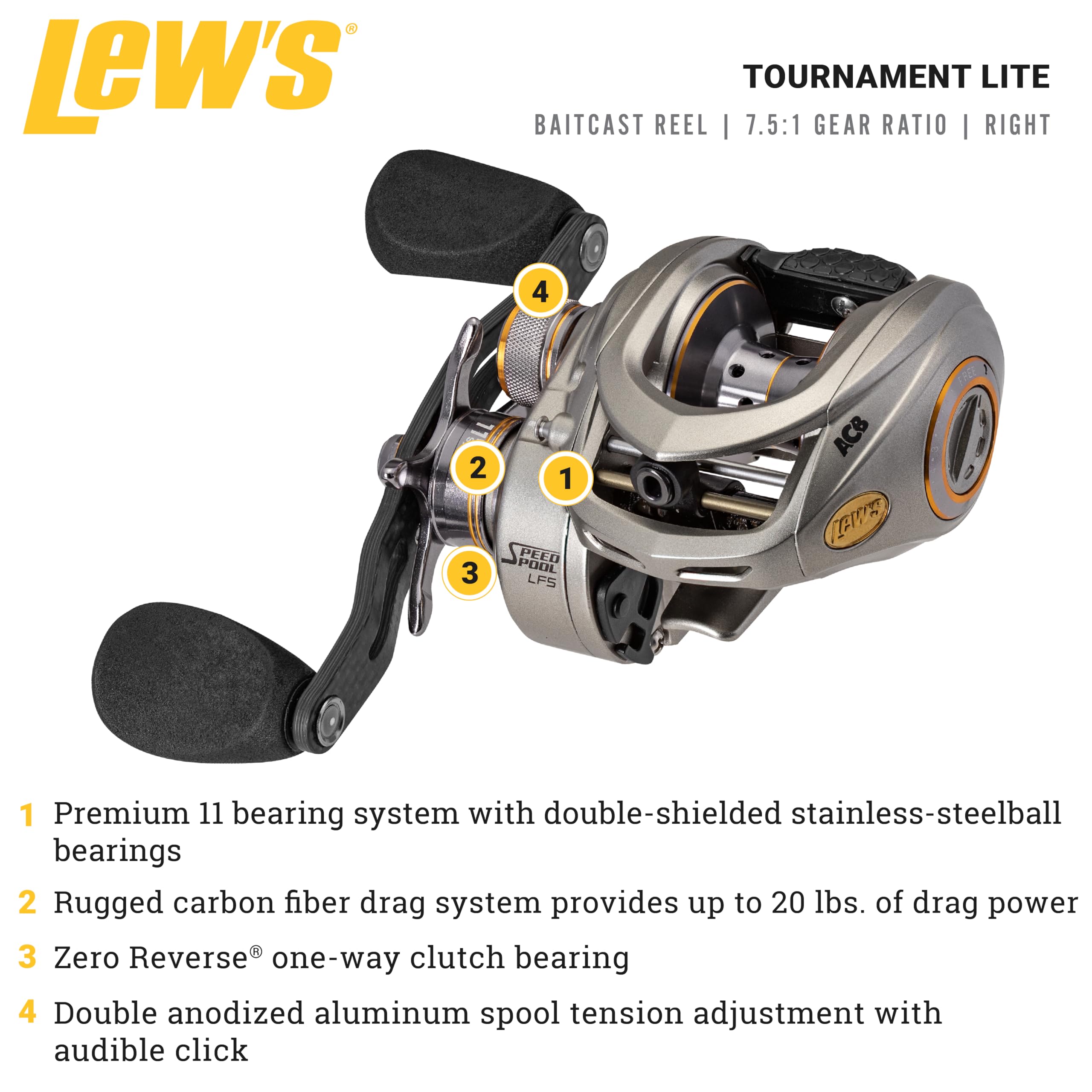 Lew's Tournament Lite LFS shows 7.5:1 gear ratio for quick lure presentation.