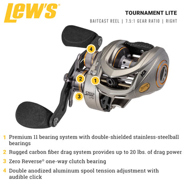 Lew's Tournament Lite LFS shows 7.5:1 gear ratio for quick lure presentation.