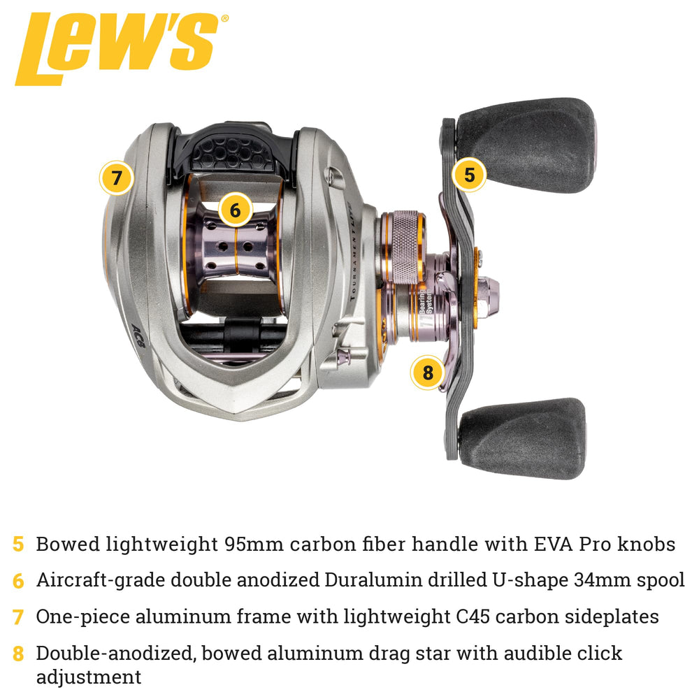 Close-up of 7.5:1 gear ratio on Lew's Tournament Lite LFS