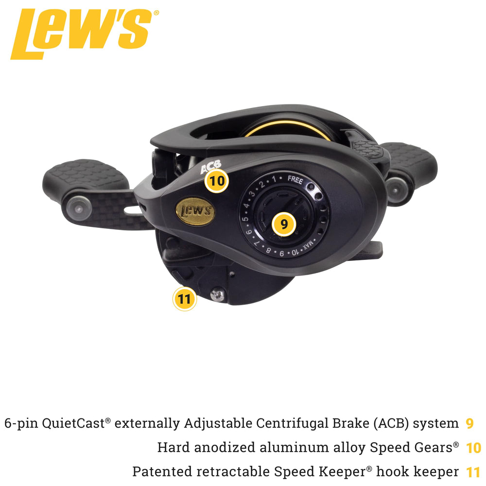 Lew's QuietCast braking system provides enhanced casting control and reduced backlash.