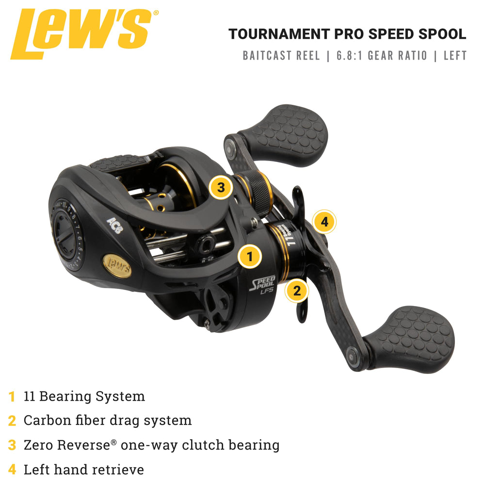 Lew's Tournament Pro LFS reel side profile highlights left-hand retrieve and ergonomic Combat Grip design.