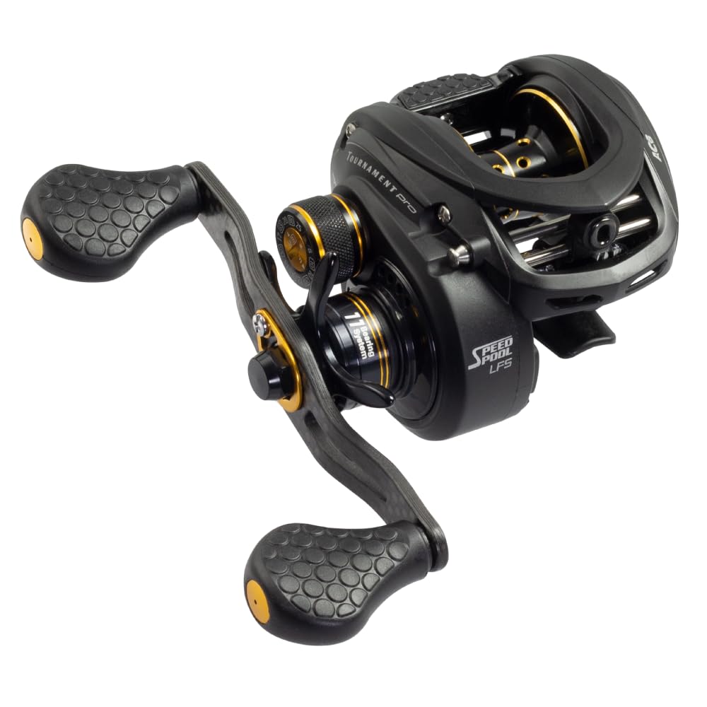 Lew's TP1SHA reel close-up shows 34mm U-shaped spool for precise casting control.