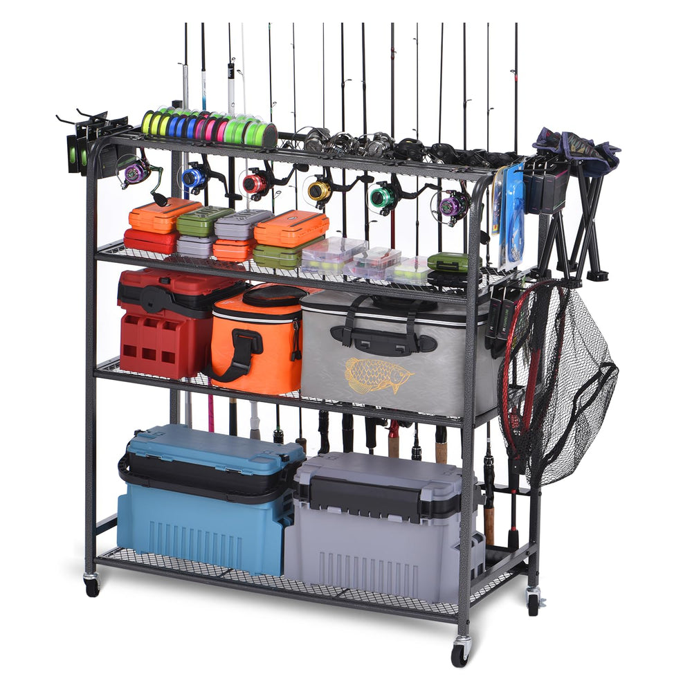 Lezbanz heavy-duty rod holder front view showing 15-rod capacity for organized garage storage.