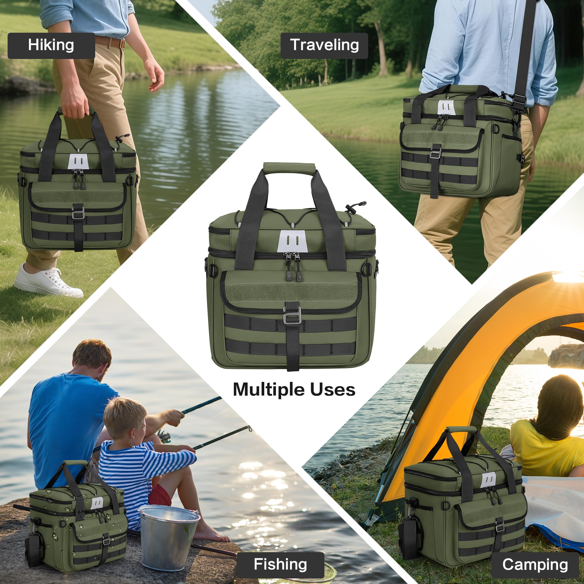 LGAG 30L in-use-on-dock scene shows ready gear for dawn fishing.
