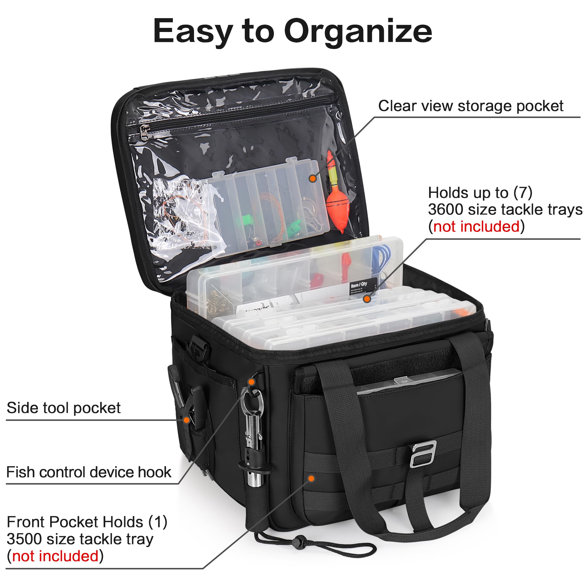 LGAG 30L tackle bag front pocket stores pliers and scales for quick access.