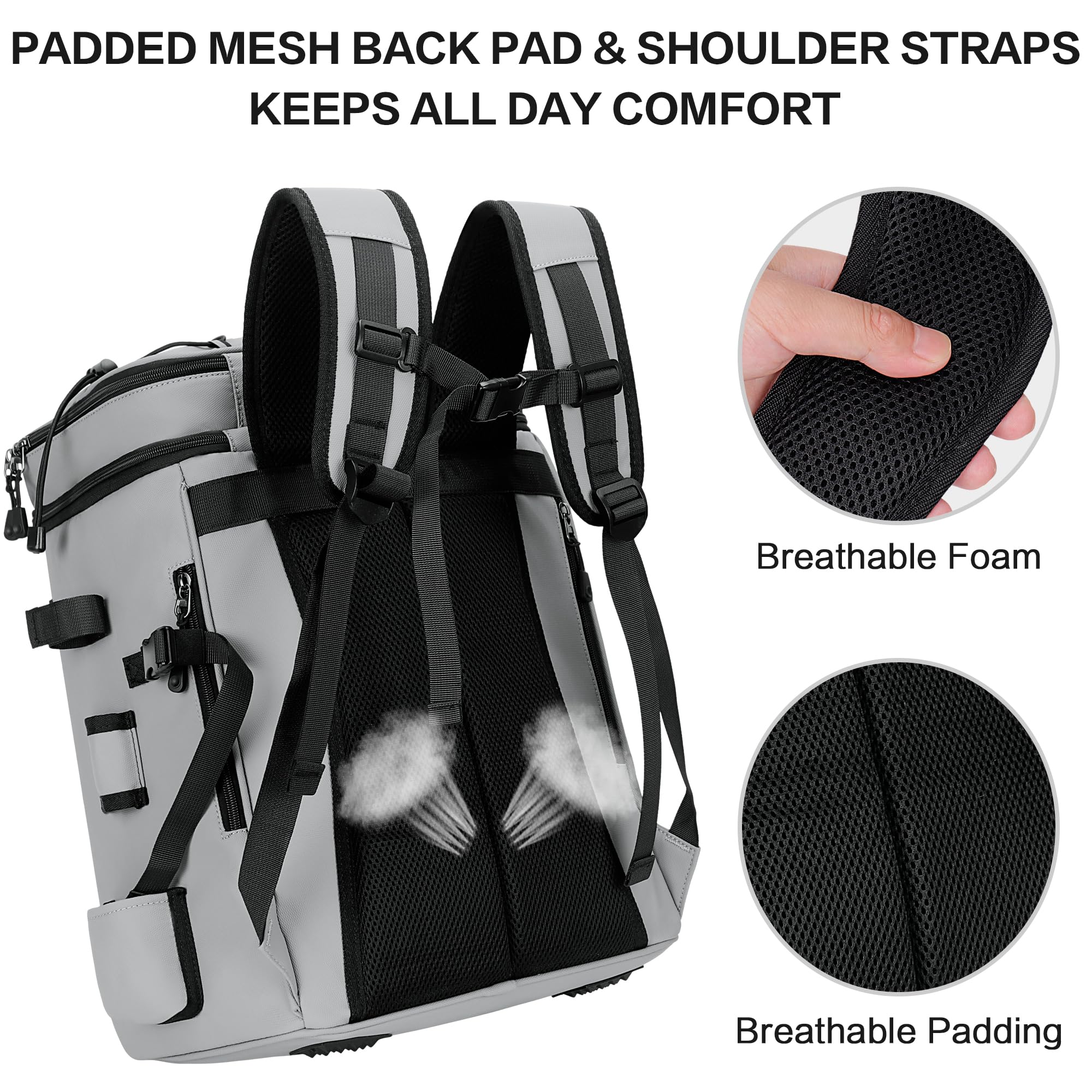 Close-up of reinforced stitching and zippers on the bag