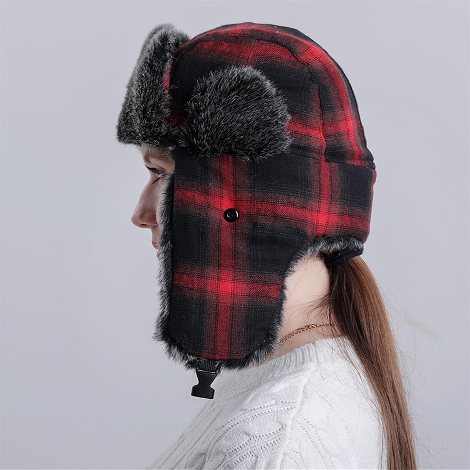 LGHLMCL Trooper Trapper Hat red plaid texture for stylish winter wear.