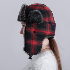 LGHLMCL Trooper Trapper Hat red plaid texture for stylish winter wear.