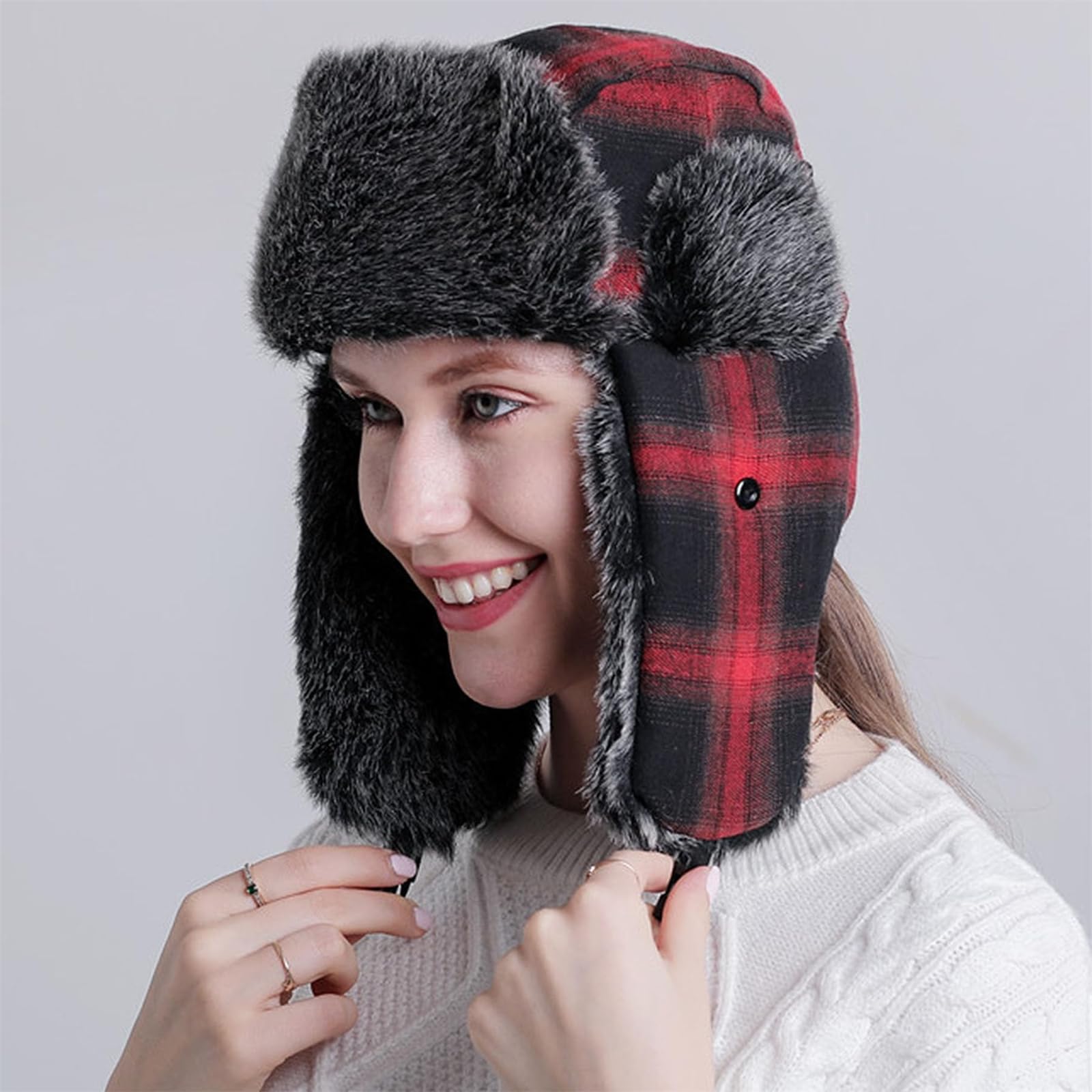 LGHLMCL Trooper Trapper Hat red side view showing ear flaps for wind protection.