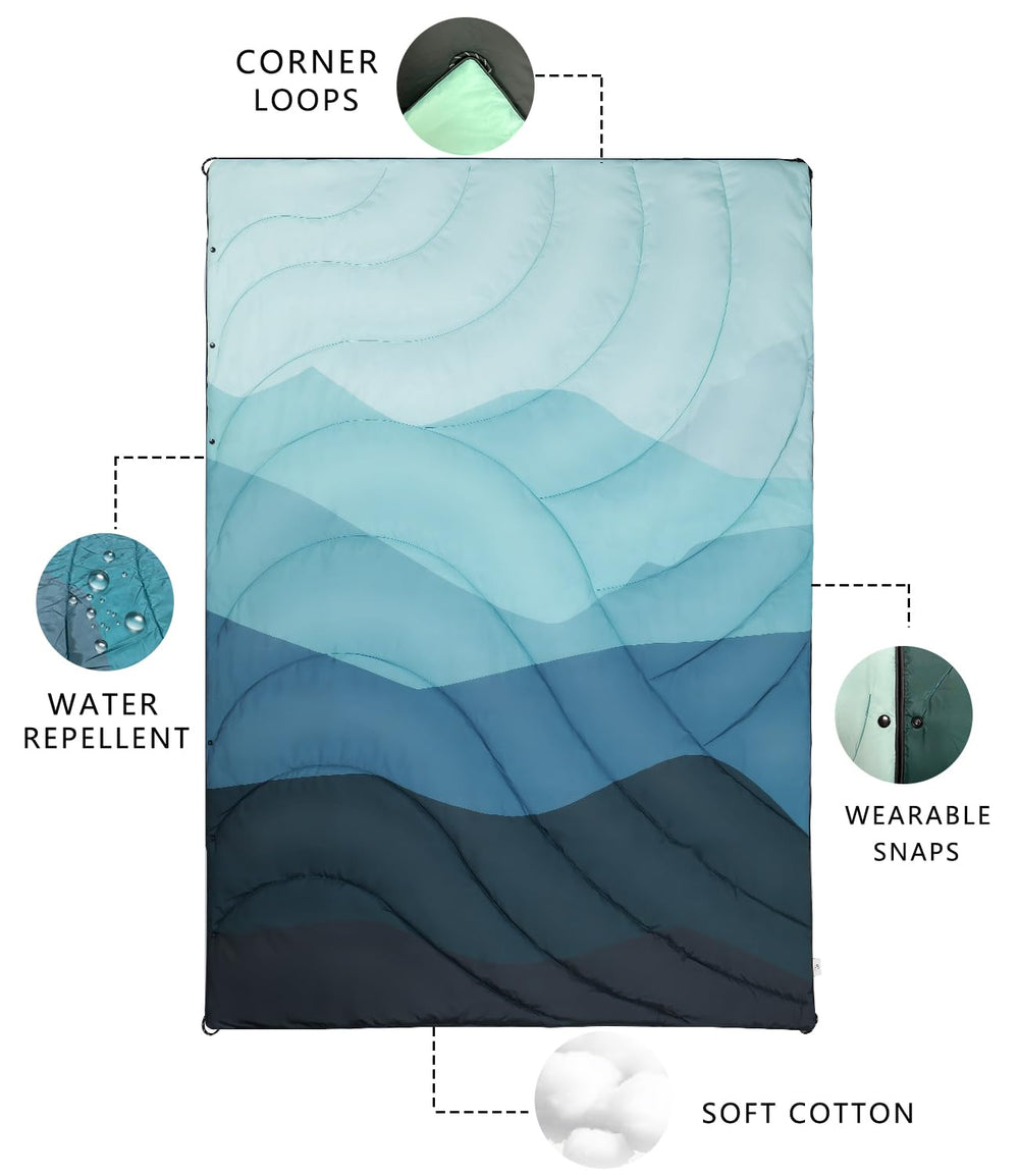 LH Outdoor Puffy Blanket laid out to cover two people on 79x54 inches.