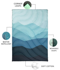 LH Outdoor Puffy Blanket laid out to cover two people on 79x54 inches.