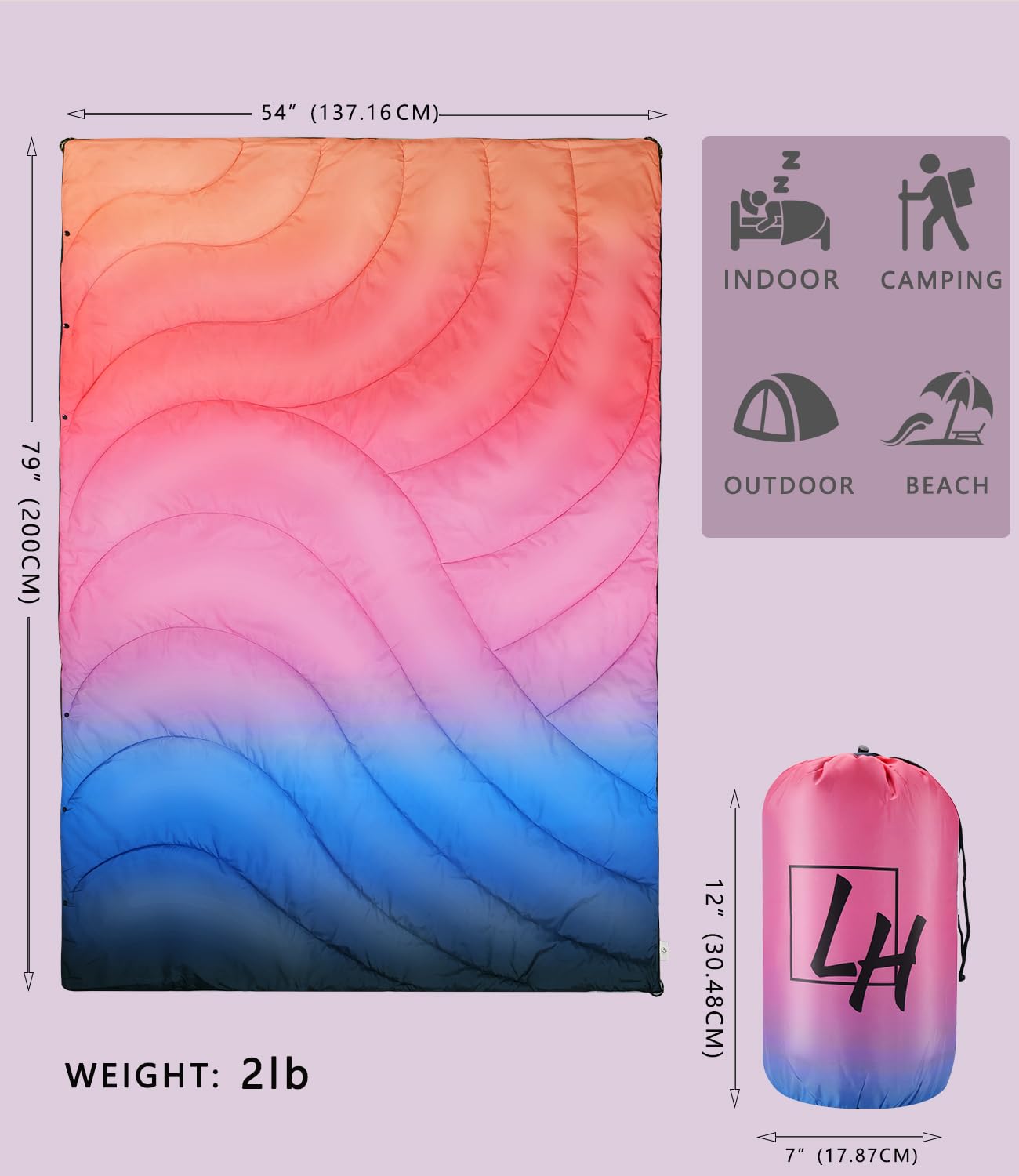 LH Outdoor Puffy Camping Blanket laid flat, 79x54 inches for two people.