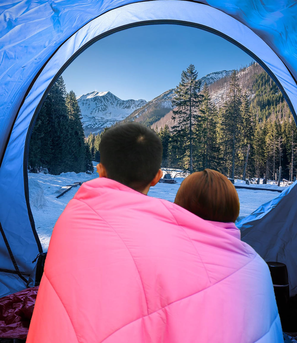 LH Outdoor Puffy Camping Blanket showing waterproof nylon exterior for rain protection.
