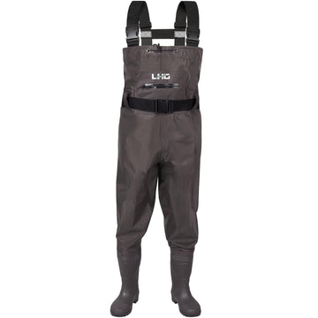 LHG fishing waders front view highlights rugged two-ply nylon construction for water resistance.
