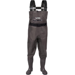 LHG fishing waders front view highlights rugged two-ply nylon construction for water resistance.