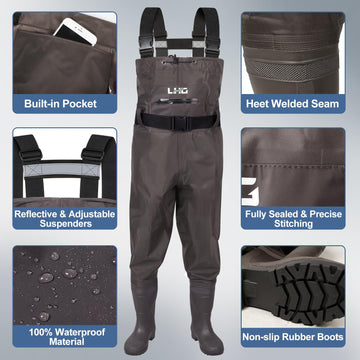 LHG fishing waders pocket-details shows flip-out chest pocket for quick storage.