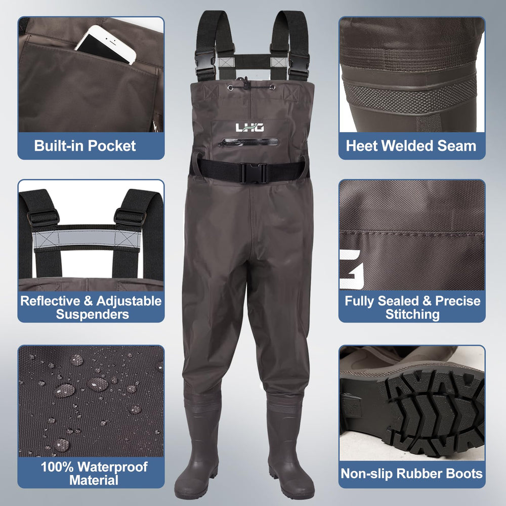 LHG fishing waders pocket-details shows flip-out chest pocket for quick storage.