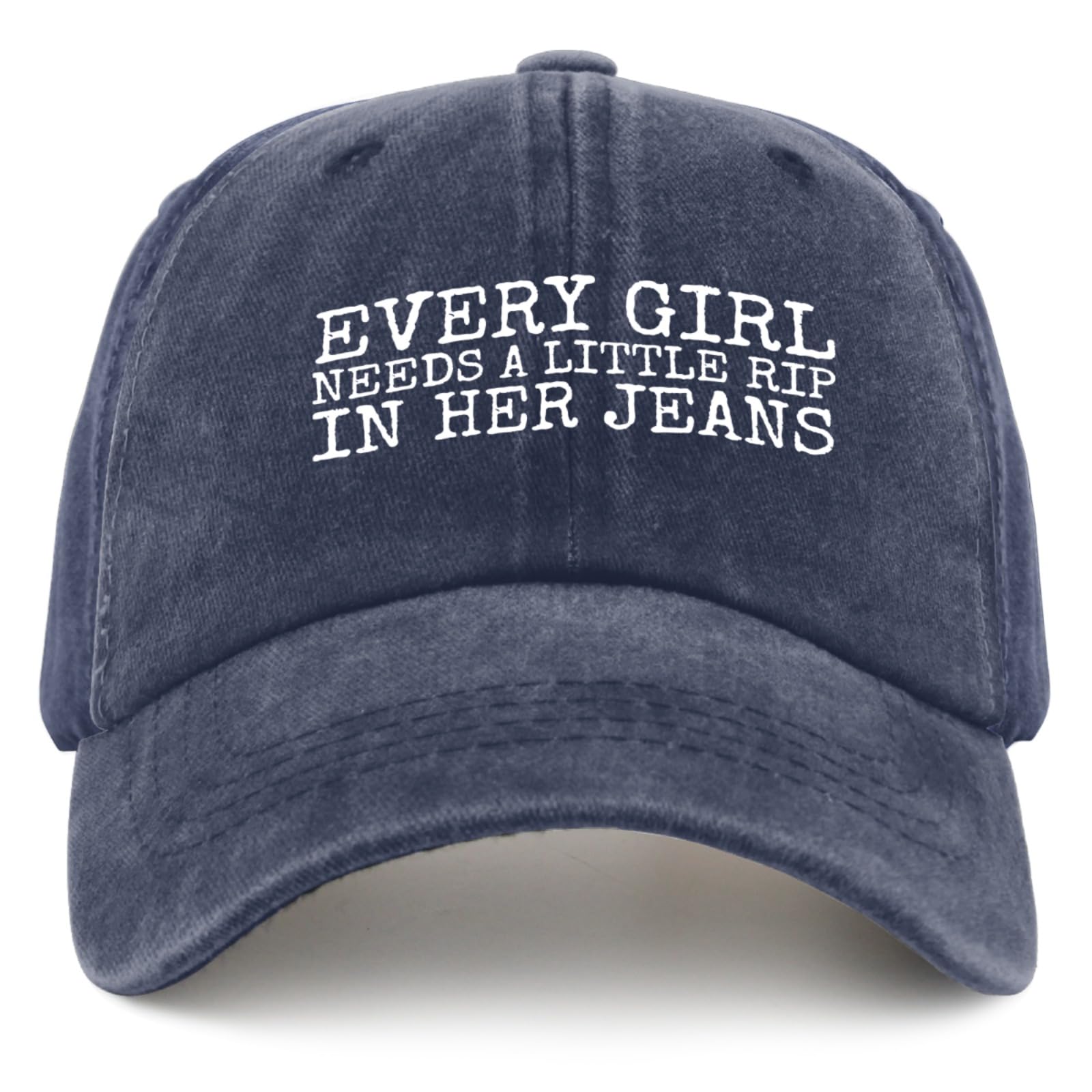 Liabiliies Every Girl Rip In Her Jeans hat front view showing breathable denim perfection for sunny days
