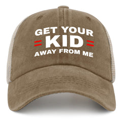 liabiliies Get Your Kid Away from Me hat, front denim view, breathable design for hot days.