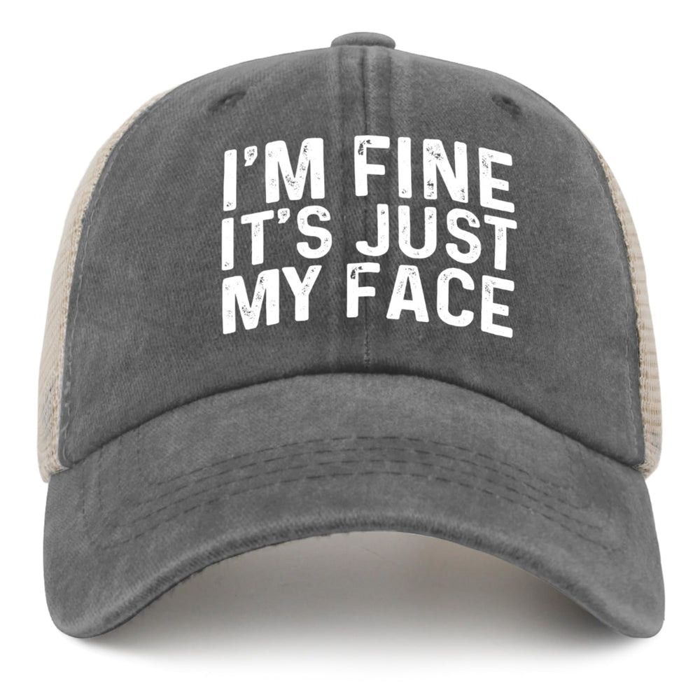 Liabiliies I'm Fine Its Just My Face Trucker Hat in washed denim gray offers breathable comfort for sunny days.